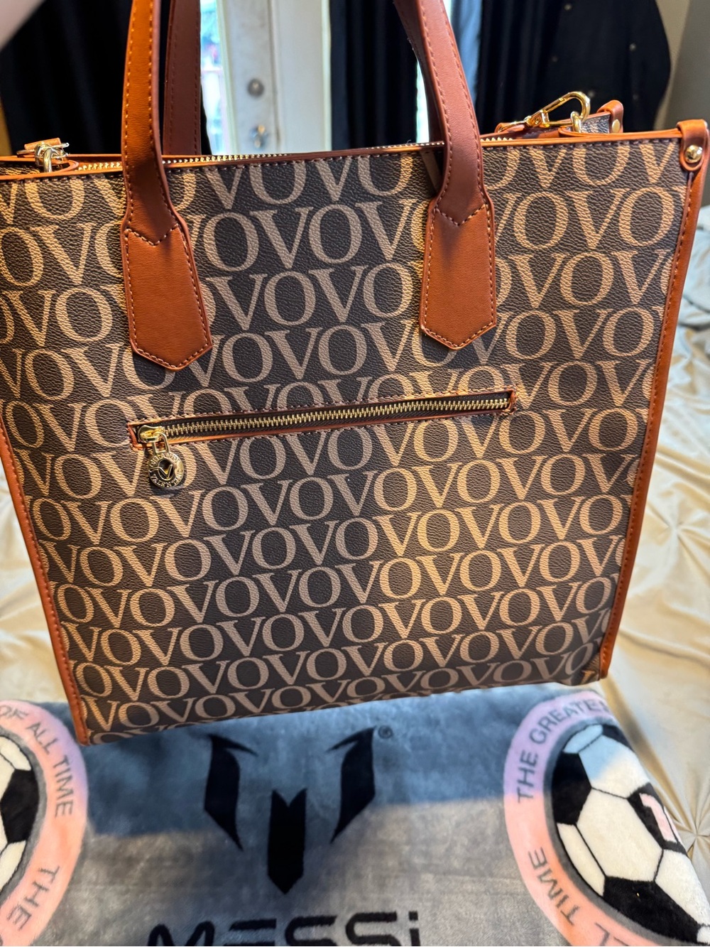 Valentino Orlandi Brown Monogram Tote with Tan Trim
